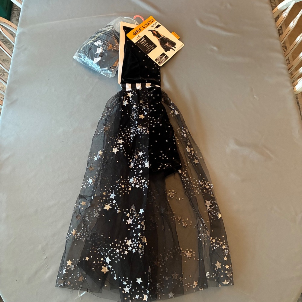 Way to Celebrate Celestial Witch Costume Girls Large 10/12 Black Silver Star 4pc - Picture 2 of 9